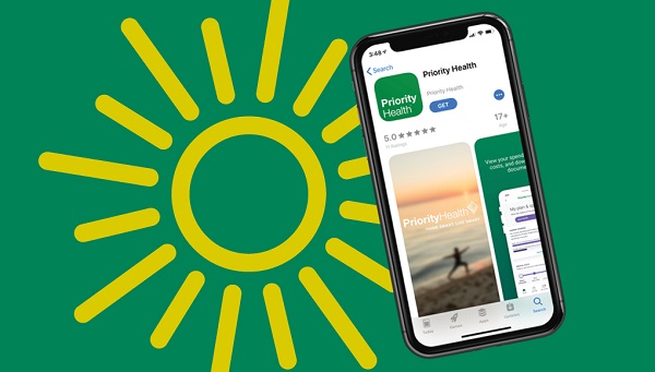 priority health app on phone with sun on green background