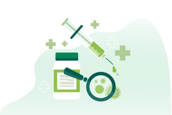 Vaccine, medication, virus, magnifying glass illustration