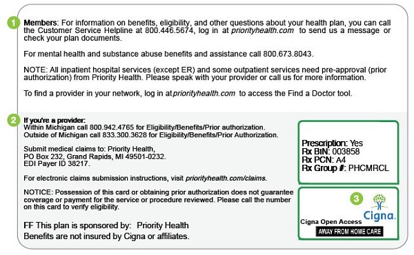 Back of Priority Health member ID card