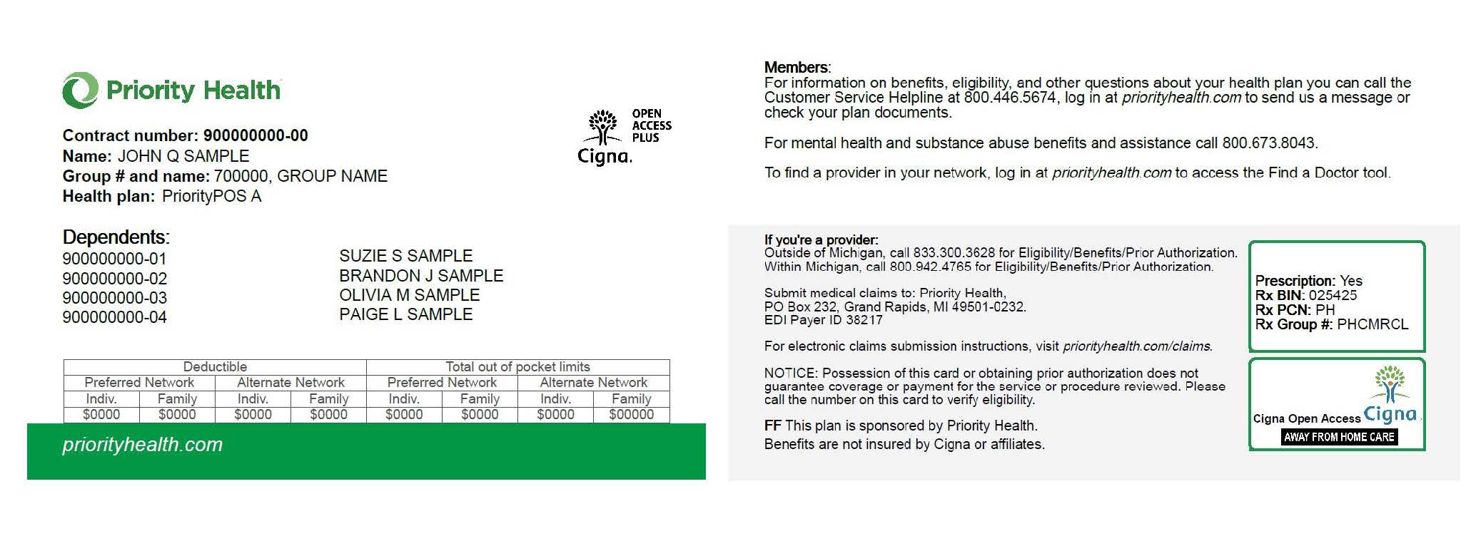 Priority Health member ID card