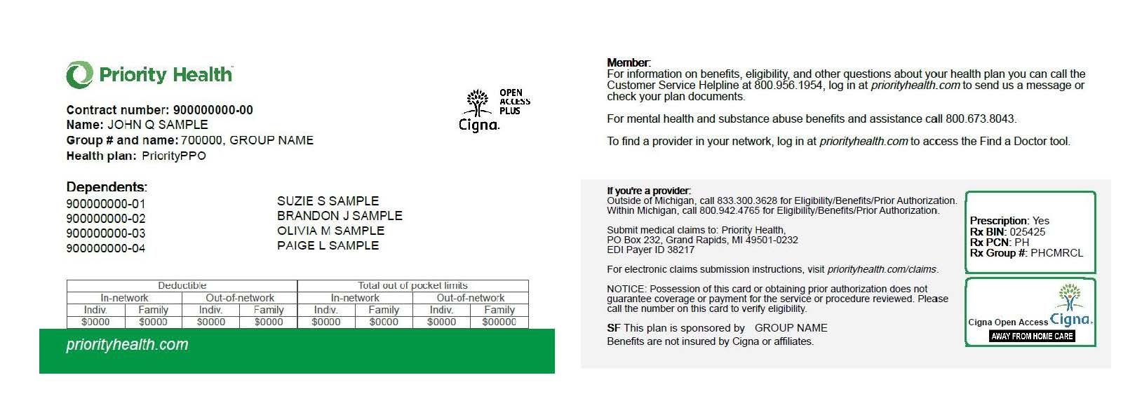 Priority Health member ID card