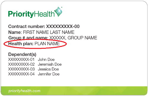 Priority Health generic member ID card