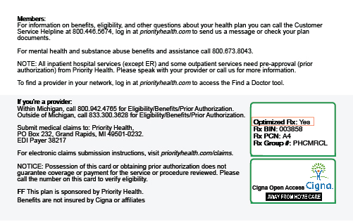 Priority Health ID card with optimized Rx plan