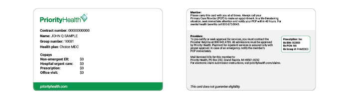 Priority Health Choice MDC ID card example
