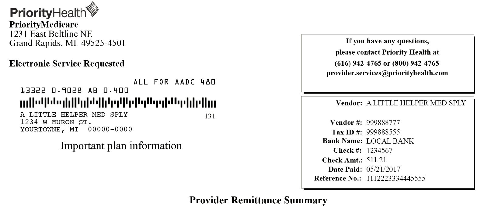 Information that appears at the top of a Remittance Advice listing from Priority Health